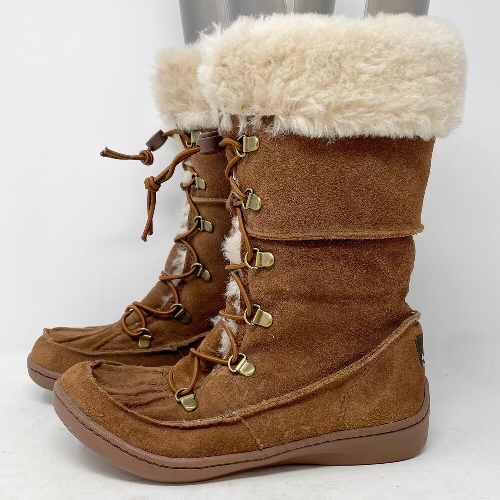 Bearpaw Brown Kirkwood Suede Fleece Sheepskin Boots Womens 7 Lace Up